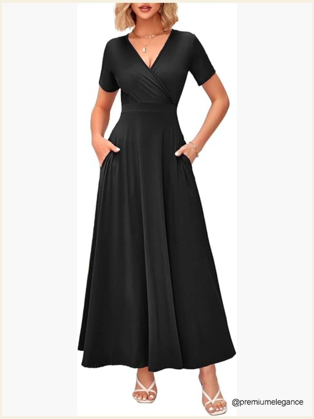 Women's Maxi Dress With Pockets, Wrap V-Neck, Short Sleeves, Summer Casual